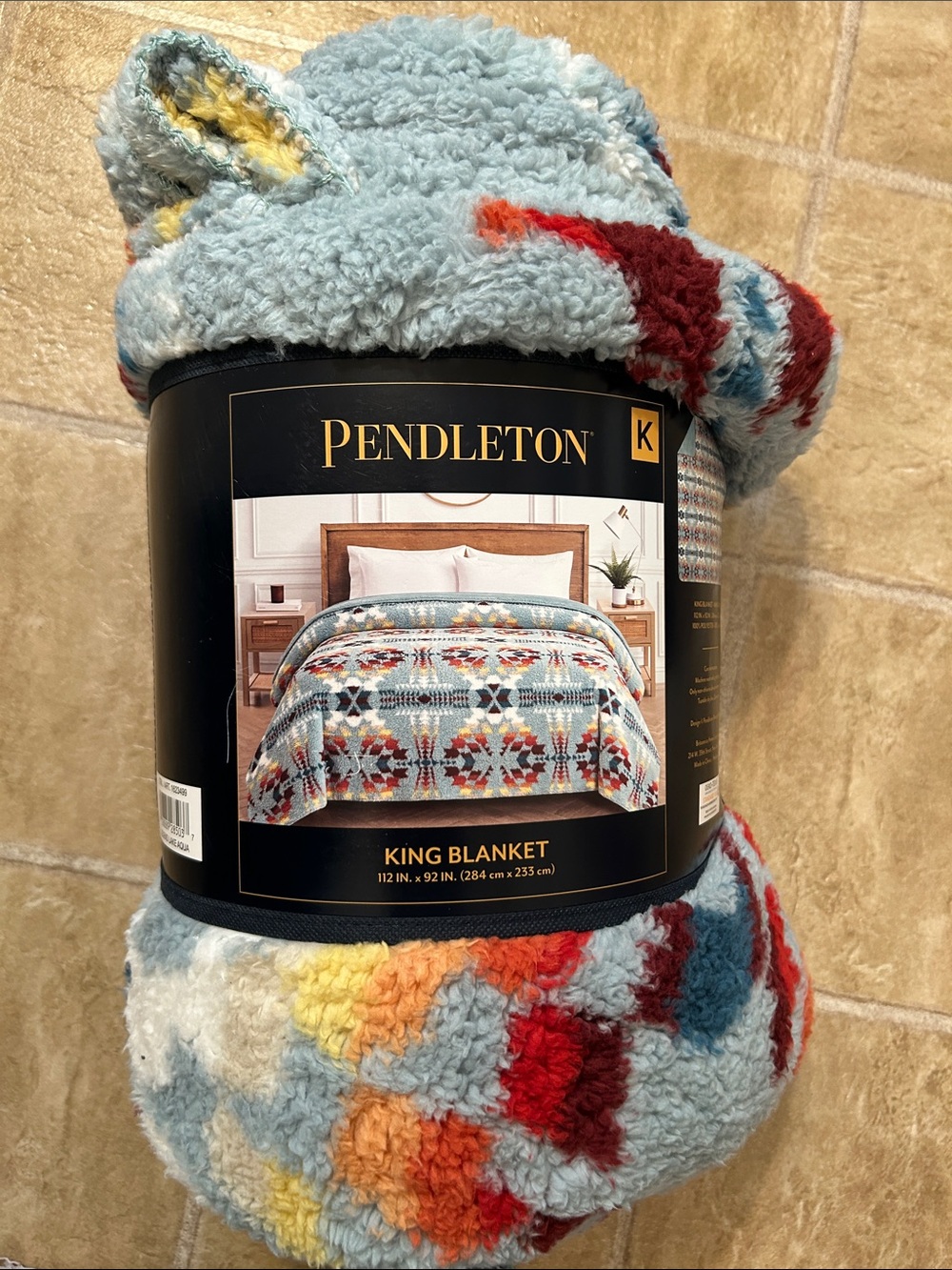 Pendleton Plush King Blanket in Light Blue with Red & Yellow Accents